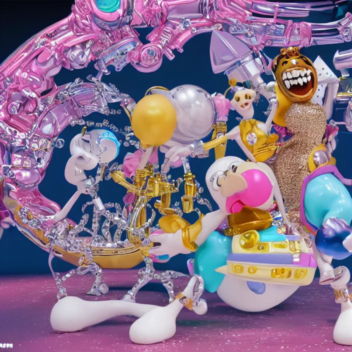 Prompt: jeff koons hip hop bauhaus style street sharks sailor moon wearing diamond grillz and a ton of bussdown iced gold bling in wallace & gromit strata - cut claymation, ultra realistic, concept art, intricate details, serious, highly detailed, photorealistic, octane render, 8 k, unreal engine, art by todd mcfarlane