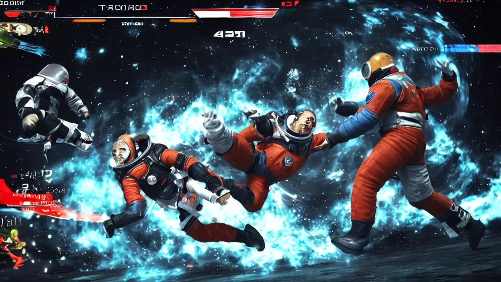 Prompt: an astonaut fighting a cosmonaut. VS fighting, videogame versus game UI, game UI, tekken, street fighter, mortal kombat, side camera, life bars, win count, countdown, playstation game, xbox game, unreal engine, 8k, 4k,