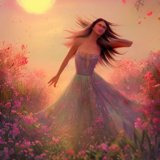 Image similar to summer scene of a spirit of a woman composed by the exquise blossom of flowers, dances in the air majestically, breathtaking, intricate, elegant, beautiful, exotic, fantasy, concept art, digital art, magical scene, cinematic, golden hour, rich moody colors, 8 k, hi - res, uhd