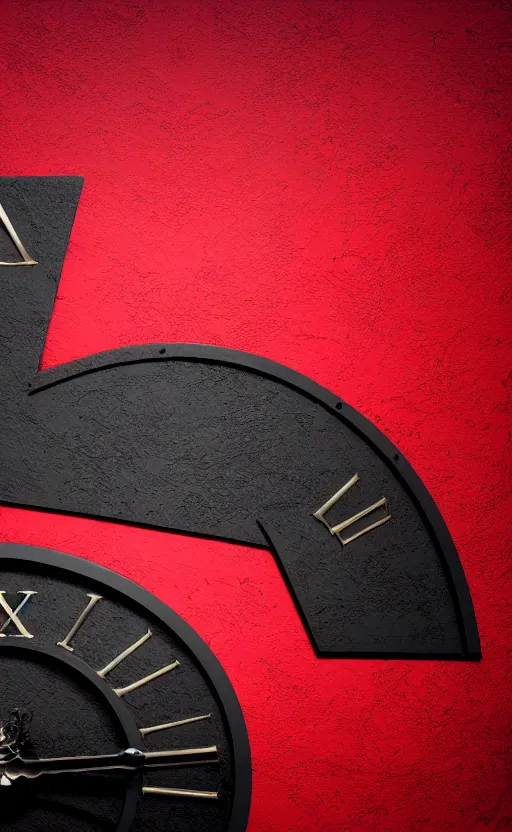 Image similar to a melting Roman numeral clock, behind a red and black gradient background, awith a black heart shaped on the top left corner and a black diamond card shape in the bottom right corner, dynamic lighting, photorealistic fantasy concept art, trending on art station, stunning visuals, cinematic, creative, ultra detailed