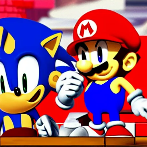 Prompt: sonic and mario having dinner together at a restaurant, setting their differences aside and having a talk