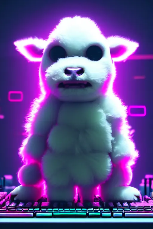 Image similar to high quality 3 d render very cute neuromancer fluffy! mutant cow playing! keyboard, highly detailed, unreal engine cinematic smooth, in the style of blade runner & detective pikachu, hannah yata charlie immer, moody light, low angle, uhd 8 k, sharp focus