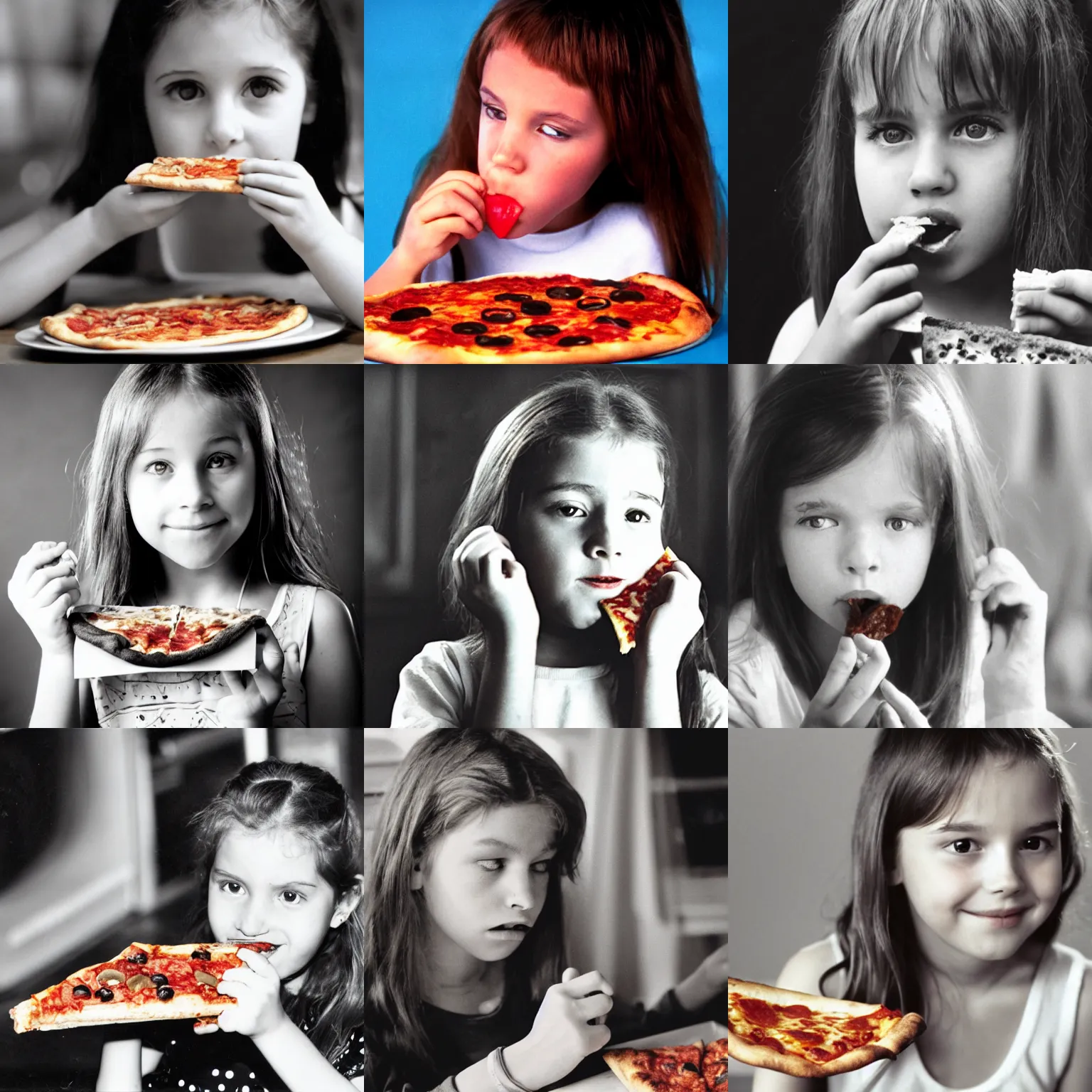 Prompt: a young girl eating a very tasty looking slice of pizza, 9 0 s movie, sepia