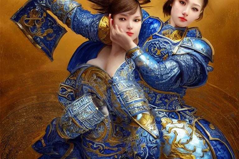 Image similar to portrait knights of Zodiac girl, Chinese Blue and white porcelain reflected armor, kung fu fighting in ruined Agora of Athens sunrise, ssci-fi, fantasy, intricate, very very beautiful, elegant, golden light, highly detailed, digital painting, artstation, concept art, smooth, sharp focus, illustration, art by tian zi and WLOP and alphonse mucha