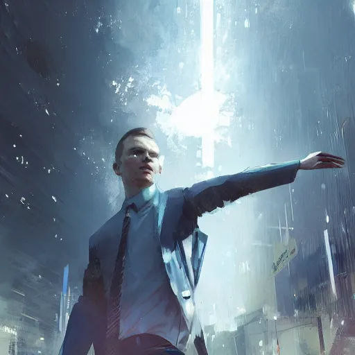 Prompt: connor from detroit become human exploding by greg rutkowski