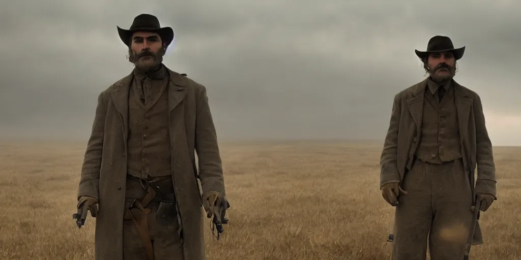 Image similar to Joaquin Phoenix as Daniel Plainview in 'There Will Be Blood' (2007), movie still frame, oscar nominated cinematography, volumetric lighting, 8k resolution, beautiful composition