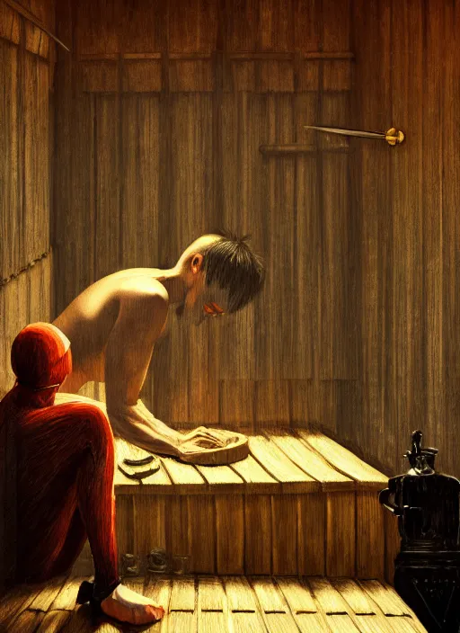 Image similar to ninja in finnish sauna, backround dark, highly detailed, digital illustration, trending in artstation, modern painting, smooth, sharp focus, intricate, einar jonsson, ilya repin