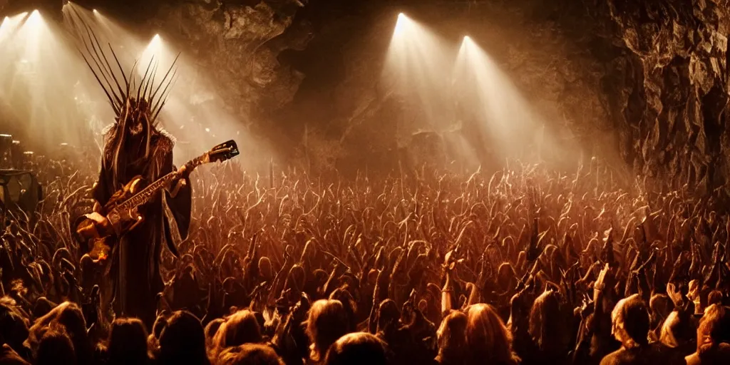 Image similar to sauron plays guitar in a rock concert to a crowd of orcs, lord of the rings, by peter jackson, detailed, realistic lighting, volumetric lighting, 4 k