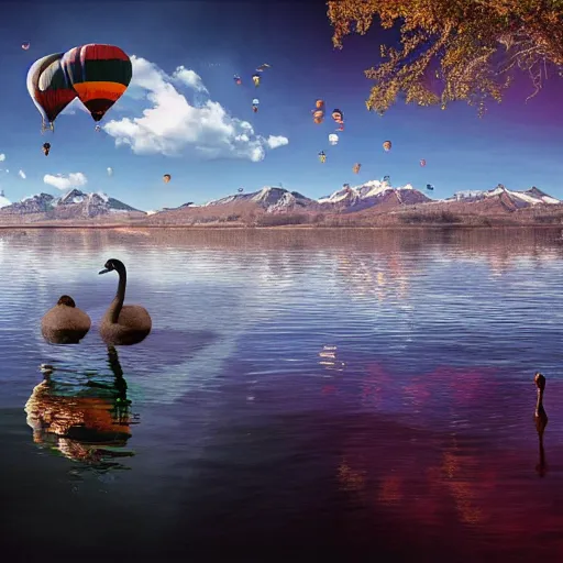 Image similar to photo of two black swans touching heads in a beautiful reflective mountain lake, a colorful hot air balloon is flying above the swans, hot air balloon, intricate, 8k highly professionally detailed, HDR, CGsociety