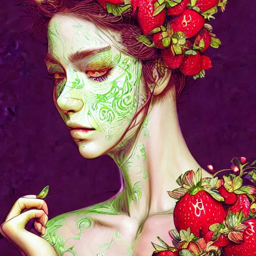 Prompt: the portrait of an absurdly beautiful, graceful, elegant, sophisticated woman made of strawberries and green petals, an ultrafine hyperdetailed illustration by kim jung gi, irakli nadar, ratio, intricate linework, bright colors, octopath traveler, final fantasy, unreal engine 5 highly rendered, global illumination, radiant light, detailed and intricate environment