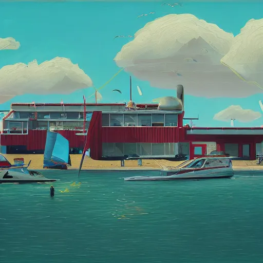 Image similar to yachting club by simon stalenhag