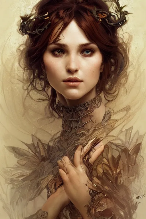 Image similar to up close portrait of a wood fae, d & d, face, fantasy, intricate, elegant, highly detailed, digital painting, artstation, concept art, smooth, sharp focus, illustration, art by artgerm and greg rutkowski and alphonse mucha