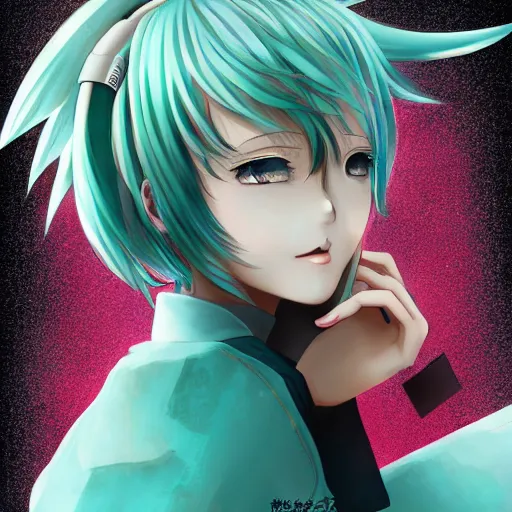 Prompt: hatsune miku short hair, anime style, hyper detailed, illustration, digital painting, high delicate defined details, anime stylized, highly detailed, realistic, sharp focus, styled by rhads