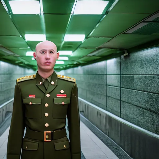 Image similar to cinematic shot of a bald young white man wearing a green chinese maoist military uniform standing in a Subway, 8k, very intricate, very detailed,