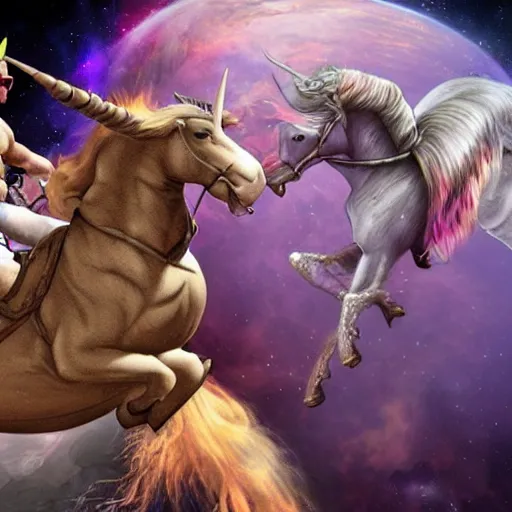 Prompt: Duke Nukem riding a unicorn through space