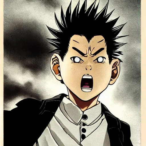 Prompt: young boy angry with pompadour hair, art by katsuhiro otomo, tetsuo hara, yusuke murata, jotaro kujo, japanese delinquent, similar to metal bat from one punch man, kuwabara hairstyle, akira kongou, banchou, action pose, manga cover