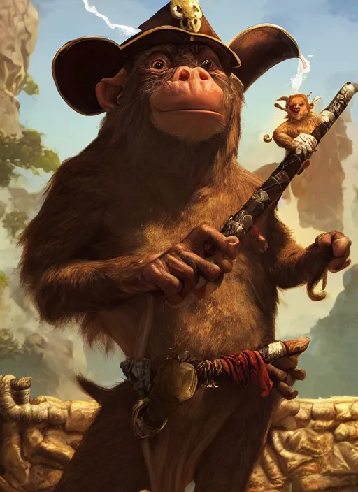 Prompt: pathfinder 2 e bestiary illustration of a goblin mixed with a monkey smoking a cigar, pirate themed, character portrait, unreal engine, hyper realism, realistic shading, cinematic composition, realistic render, octane render, detailed textures, studio lighting, photorealistic, wide shot
