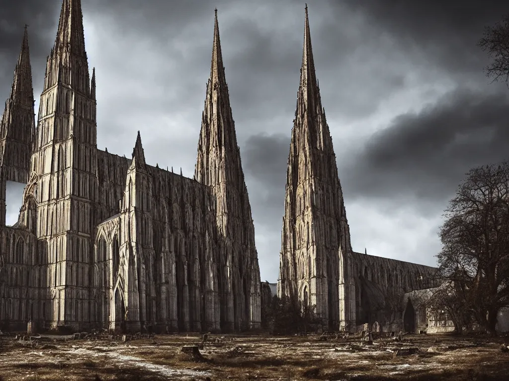 Prompt: Salisbury cathedral with a broken spire, post apocalyptic ruin, epic cinematography, dramatic lighting, fantasy art, trending on artstation