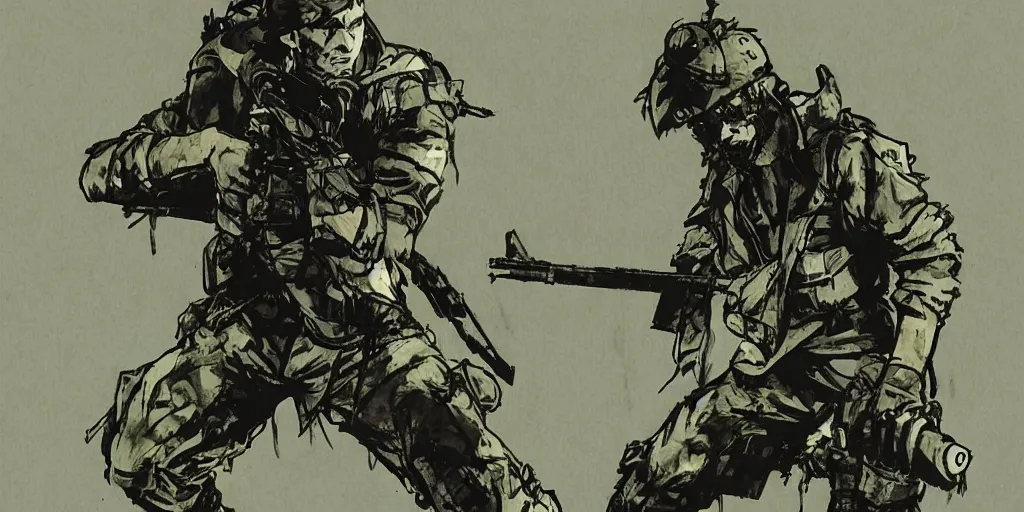 Prompt: A soldier in the woods, artwork by Yoji Shinkawa style