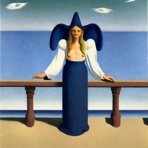 Image similar to An angel with jester hat and clothes on the front of a Balustrade with a beach on the background, major arcana cards, by Rene Magritte, hyperrealistic