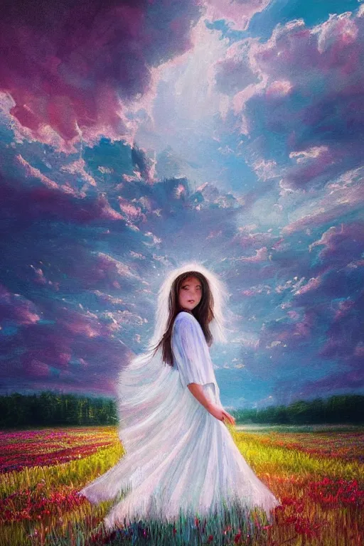 Image similar to giant white daisy flower veil, girl walking in a flower field, surreal photography, sunrise, dramatic light, impressionist painting, colorful clouds, digital painting, artstation, simon stalenhag