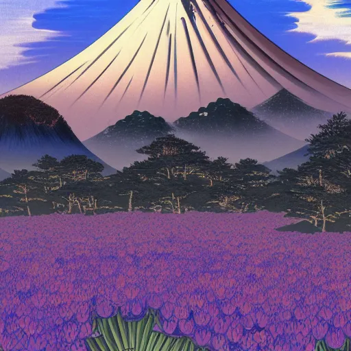 Prompt: a beautiful and detailed picture of a field of black lotus flowers with petals in a fibonacci sequence around mount fuji, in the style of magic the gathering, highly detailed, digital painting, god rays, volumetric lighting, octane render, 4 k resolution, art by hokusai and albert bierstadt