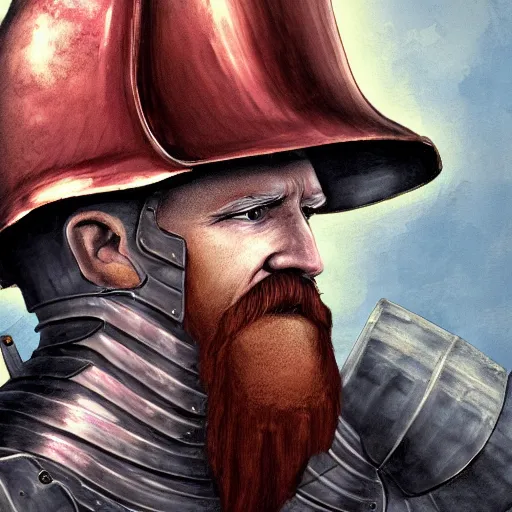 Image similar to An old man with a ginger beard, wearing knights armour and a fire fighters helmet, highly detailed, digital art, sharp focus, trending on art station, anime art style