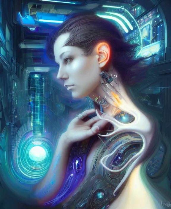 Image similar to a whirlwind of souls rushing inside the metaverse, hologram, half body, neurochip, shaved temple, piercing, jewelry, android, cyborg, cyberpunk face, by loish, d & d, fantasy, intricate, elegant, highly detailed, colorful, digital painting, artstation, concept art, art by artgerm and greg rutkowski and alphonse mucha