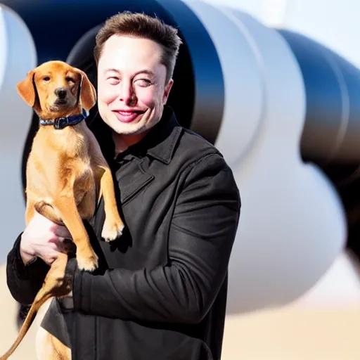 Prompt: Elon Musk rides on top of a rocket, holding a dog in his hands