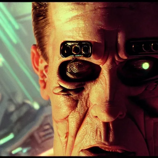 Image similar to movie still of a villain cyborg, facial expression, cinematic composition, cinematic light, surreal cinema, pastel color scheme, by david lynch,