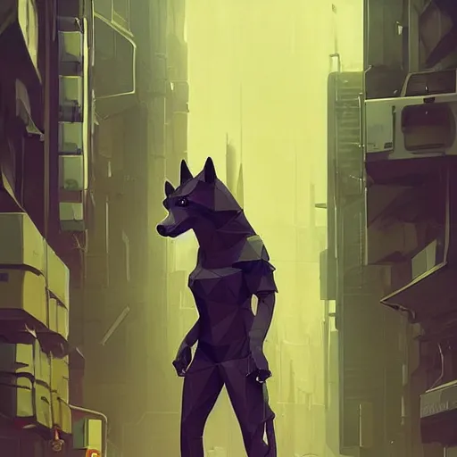 Image similar to Playstation 1 PS1 low poly low poly graphics portrait of furry anthro anthropomorphic wolf head animal person fursona wearing clothes in a futuristic cyberpunk foggy city alleway Greg Rutkowski, Simon Stalenhag, christopher nolan trending on Artstation, CGSociety