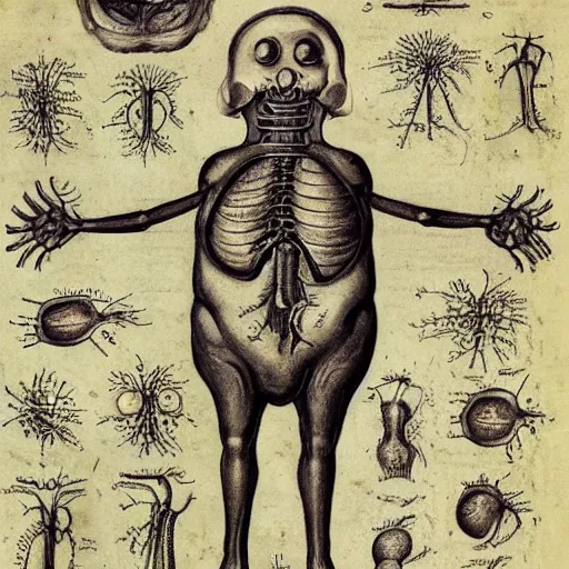 Image similar to Anatomical drawing of a Minion, with organs labeled. Highly detailed. Voynich Manuscript. Medical Textbook