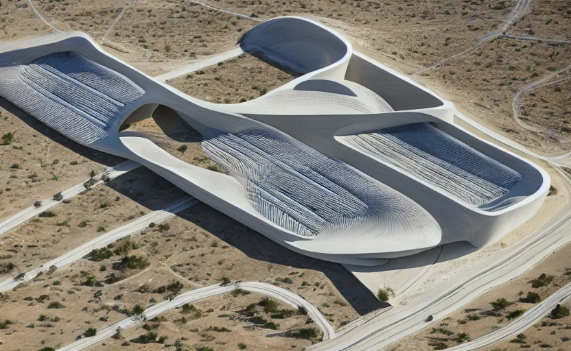 Prompt: parametric structure, medical complex, in the desert beside the gulf, view from above, design by kengo kuma, dezeen, architectural photography