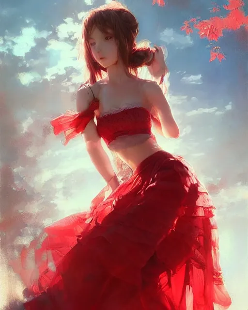 Image similar to aerith gainsborough in red lace skirt, portrait, illustration, rim light, top light, perfectly shaded, soft painting, art by krenz cushart and wenjun lin