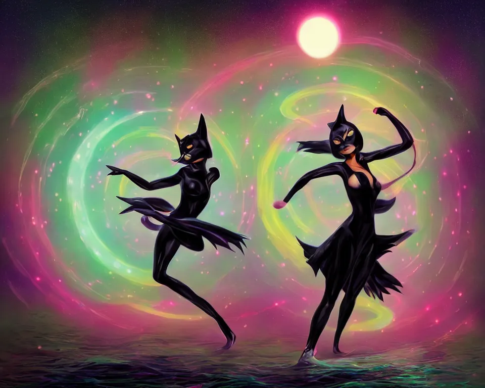 Prompt: beautiful whimsical cat woman standing in a lake in the moonlight, using magic, under a multi-colored binary blackhole with an accretion disc, glowing trails following her arms, wearing professional makeup, acidwave, by Lois van Baarle, by Greg Rutkowski, by artgerm, by beeple, by studio ghibli, cinematic angle, volumetric lighting, 4k resolution, octane render, trending on artstation, masterpiece