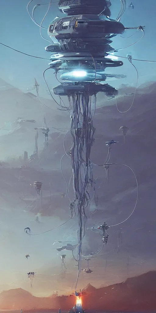 Image similar to mechanical starship with long tendrils, lots of hanging cables and wires, messy cords, sci - fi concept art, by john harris, by simon stalenhag, stunning, award winning