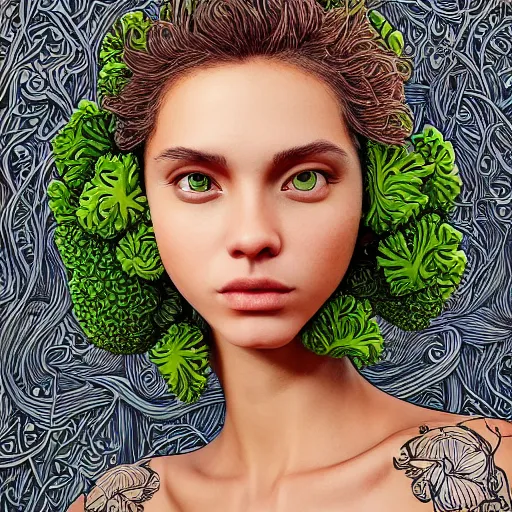 Image similar to the portrait of an unbelievably beautiful, elegant, and sophicated young instagram model partially made of broccoli, an ultrafine detailed illustration by james jean, intricate linework, bright colors, final fantasy, behance contest winner, vanitas, angular, altermodern, unreal engine 5 highly rendered, global illumination, radiant light, detailed and intricate environment