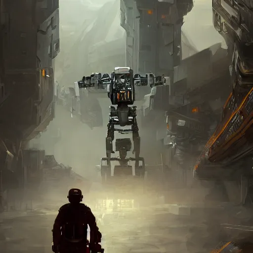 Prompt: the giant walker robot, armed and watchfully patrolling the area, dynamic lighting, photorealistic fantasy concept art, trending on art station, stunning visuals, creative, cinematic, ultra detailed