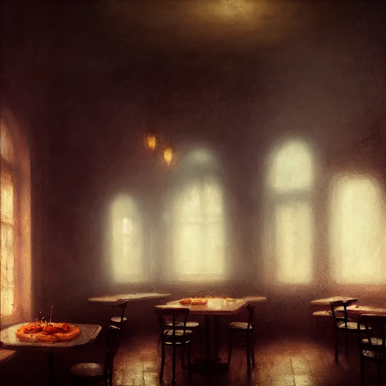 Image similar to interior of pizzeria by jeremy mann, soft grainy bloom lucid dream - like atmosphere, harsh flash photo, baroque portrait painting, perfect composition, detailed octane render trending on artstation, 8 k artistic photography, volumetric cinematic perfect light, chiaroscuro, masterpiece, raphael, caravaggio, beksinski, rutkowski, beeple