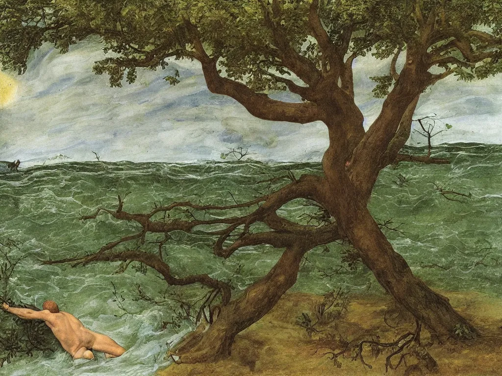 Image similar to Young man swimming in a turbulent river in the afternoon. Acacia trees in the wind, lightning strikes. Painting by Lucas Cranach, Caspar David Friedrich, Lucian Freud.