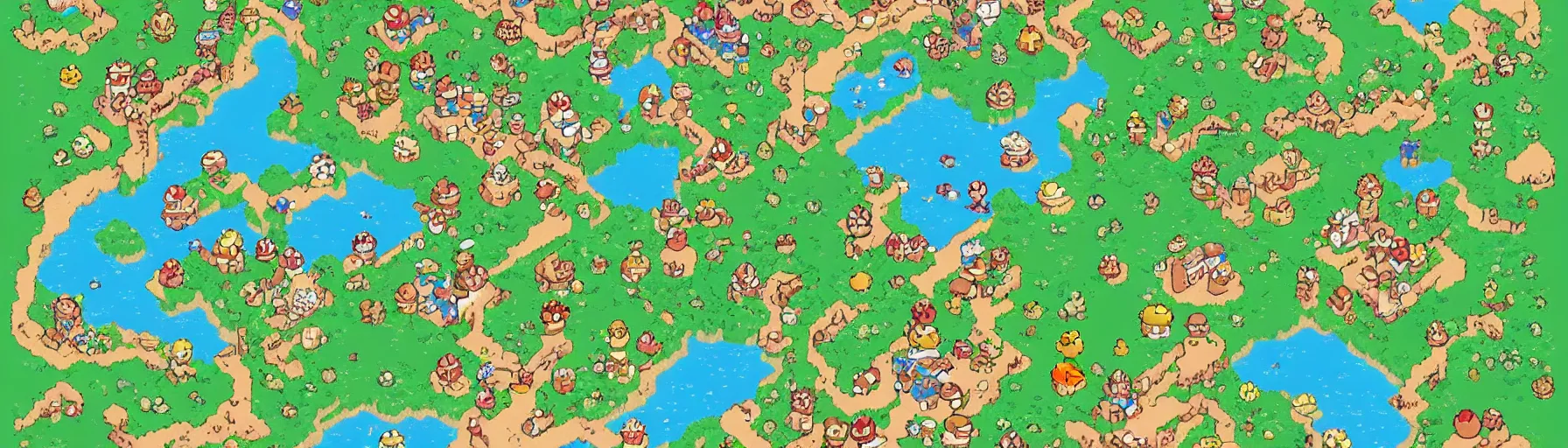 Image similar to vertical panorama of the super mario world map in the style of studio ghibli