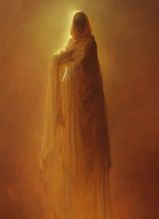 Prompt: a silhouette dressed with a shroud wearing a golden mask, by jean delville and sophie anderson and mandy jurgens, composition, elegant, not cropped, extremely detailed, hd, masterpiece, artstation