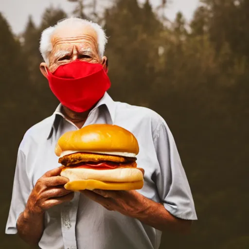 Image similar to an elderly man wearing a mask made from a cheeseburger, bold natural colors, national geographic photography, masterpiece, 8 k, raw, unedited, symmetrical balance