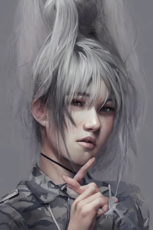 Prompt: girl, silver hair ponytail, multicam ((camo)), posing, (trending on artstation), beautiful face, cinematic full body shot, ilustration by Takehiko Inoue (((and Yoann Lossel)))