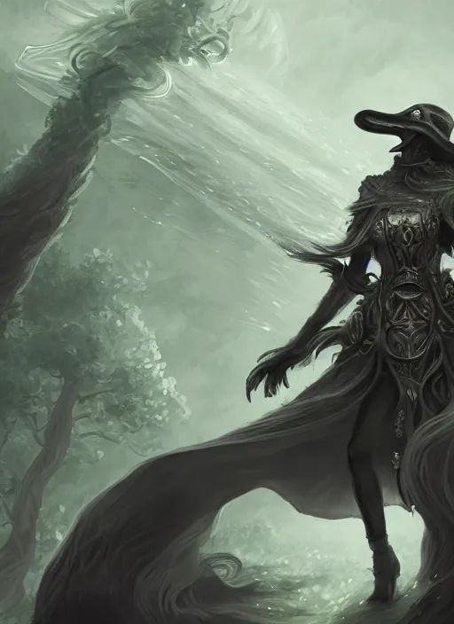 Image similar to a highly detailed illustration of plague doctor mask wearing woman, cape flowing in the wind pose, surrounded by green mist, intricate, elegant, highly detailed, centered, digital painting, artstation, concept art, smooth, sharp focus, league of legends concept art, WLOP