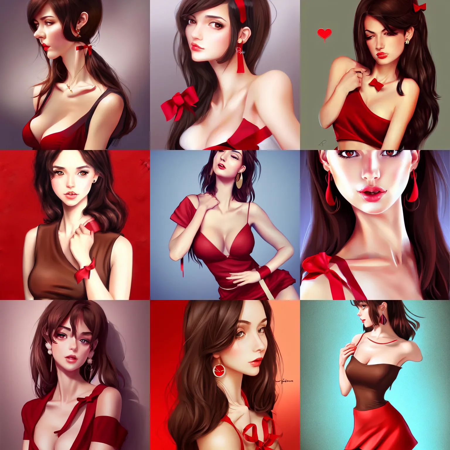 Prompt: sexy girl in a low cut blouse and short skirt, seductive pose, shoulder-length brown hair, red ribbon, cute earrings. highly detailed, digital painting, in the style of artgerm, high definition digital art
