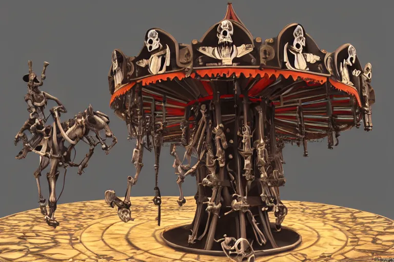 Image similar to 3d sculpt of an evil ironwork carousel made of bones and skulls, artstaton, League of Legends, red dead redemption2, overwatch, digital illustration