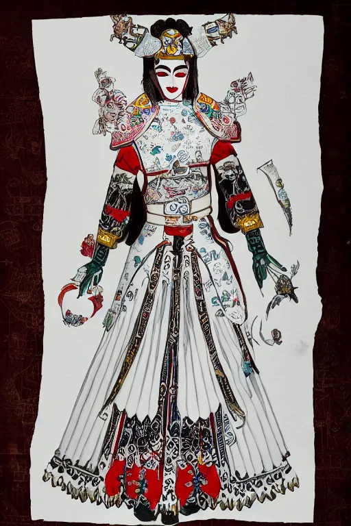 Prompt: female adventurer in tight full - body white embroidered leather armor of vyshyvanka design and a japanese - style white porcelain crow mask, trending in artstation, ukrainian, establishing shot