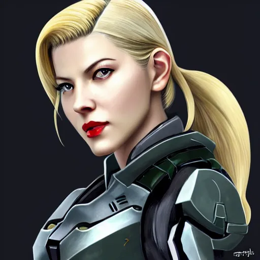 Prompt: A combination of Ada Wong's and Grace Kelly's and Katheryn Winnick's appearances with blonde hair wearing Master Chief's armor from Halo, high tech, action shot, angular, full body portrait, futuristic, dramatic, fantasy, intricate, elegant, highly detailed, digital painting, artstation, concept art, matte, sharp focus, illustration, 8K, art by tian zi and WLOP and alphonse mucha