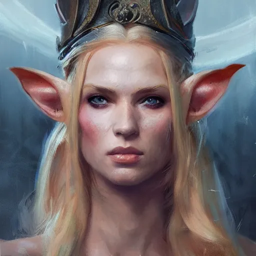 Prompt: A head-on detailed oil fantasy portrait of a pretty elf woman with small horns on her forehead, long blonde hair and bright irises, by greg rutkowski, trending on artstation, dungeon and dragons art